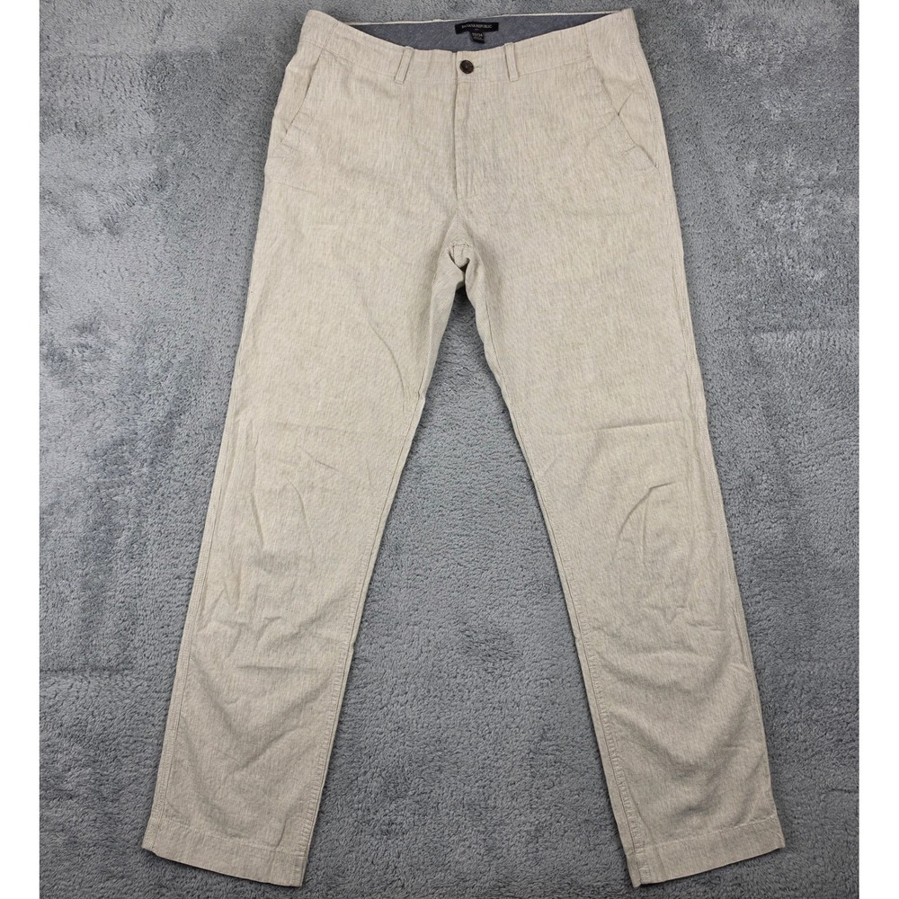 Banana Republic Linen Chino Pants Mens 33x34 Beige Pinstripe Cotton Straight Leg